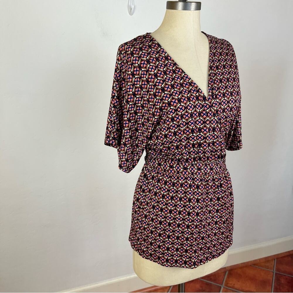 Anthropologie Geometric Short Sleeve Wrap Blouse - Picture 2 of 7